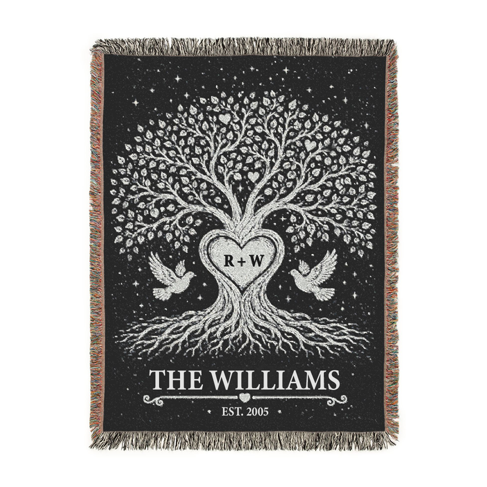 Personalized Couple Tree of love Silver Woven Blanket