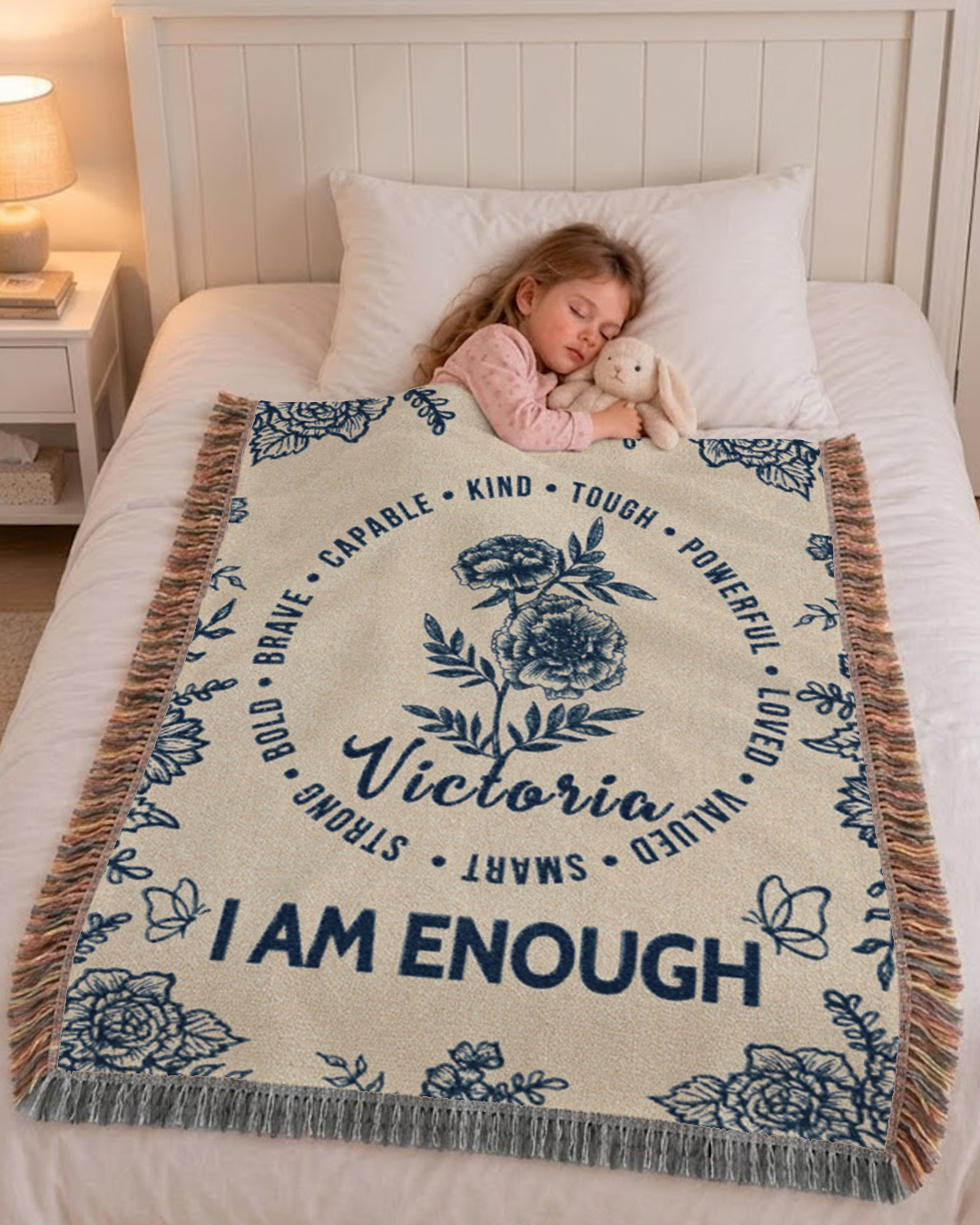 Personalized Blue Toile I Am Affirmation Birth Flower Woven Blanket
