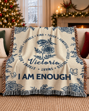Personalized Blue Toile I Am Affirmation Birth Flower Woven Blanket