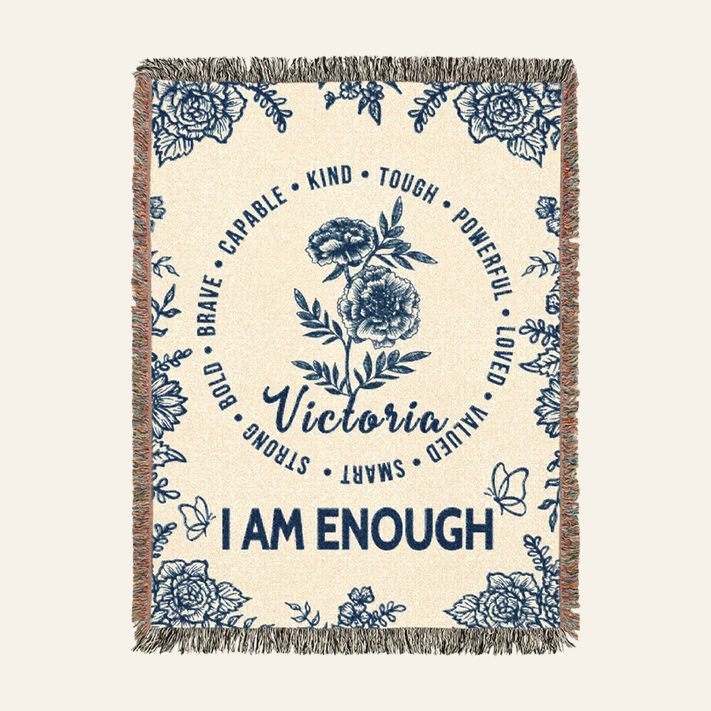 Personalized Blue Toile I Am Affirmation Birth Flower Woven Blanket