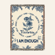 Personalized Blue Toile I Am Affirmation Birth Flower Woven Blanket