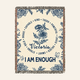 Personalized Blue Toile I Am Affirmation Birth Flower Woven Blanket