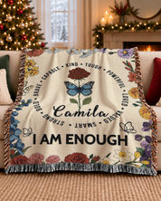 I Am Affirmations With Birth Flower & Butterfly - Personalized Woven Blanket