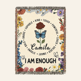 I Am Affirmations With Birth Flower & Butterfly - Personalized Woven Blanket