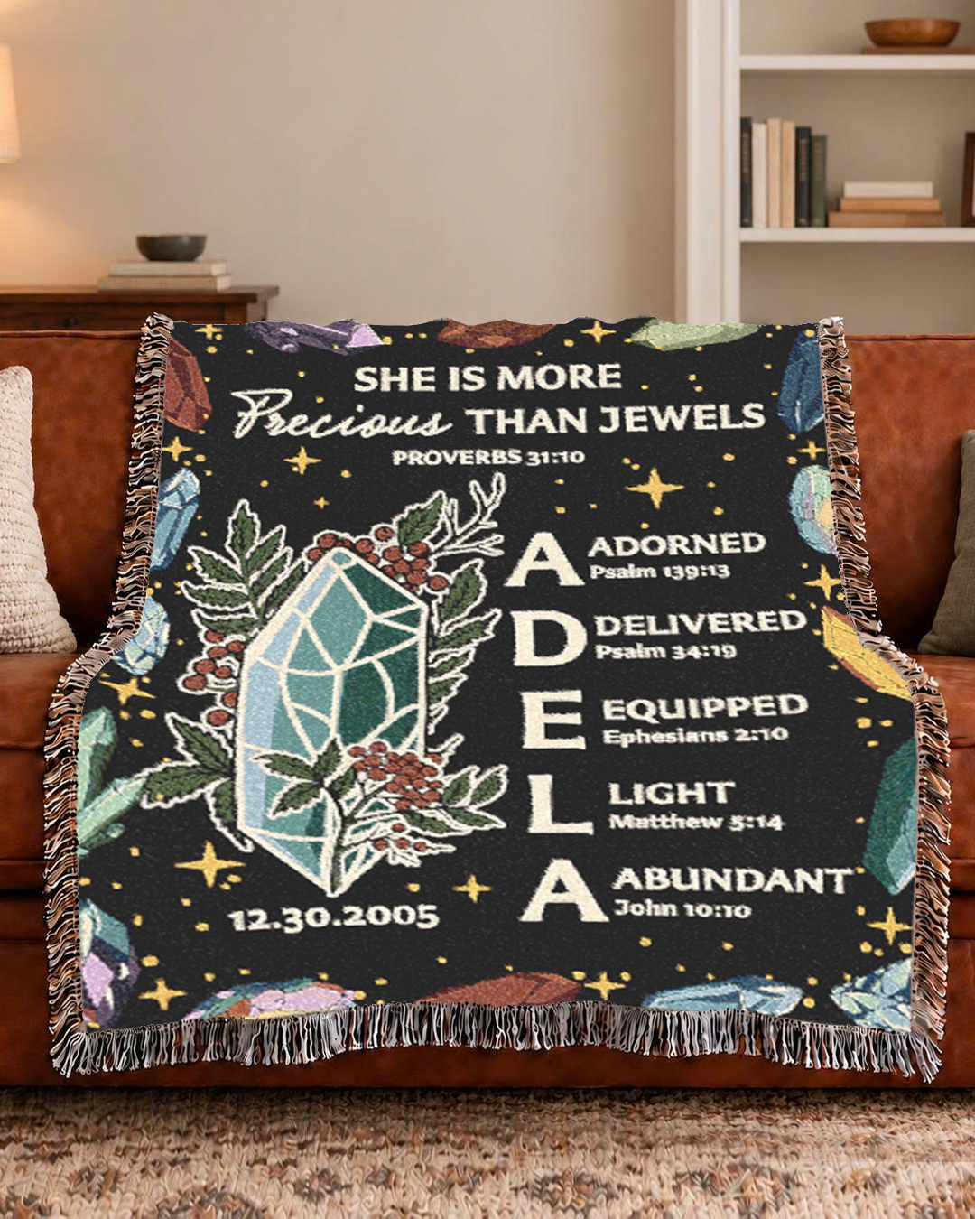More Precious Than Jewels With Birthstone, Birth Flower & Scripture - Personalized Woven Blanket