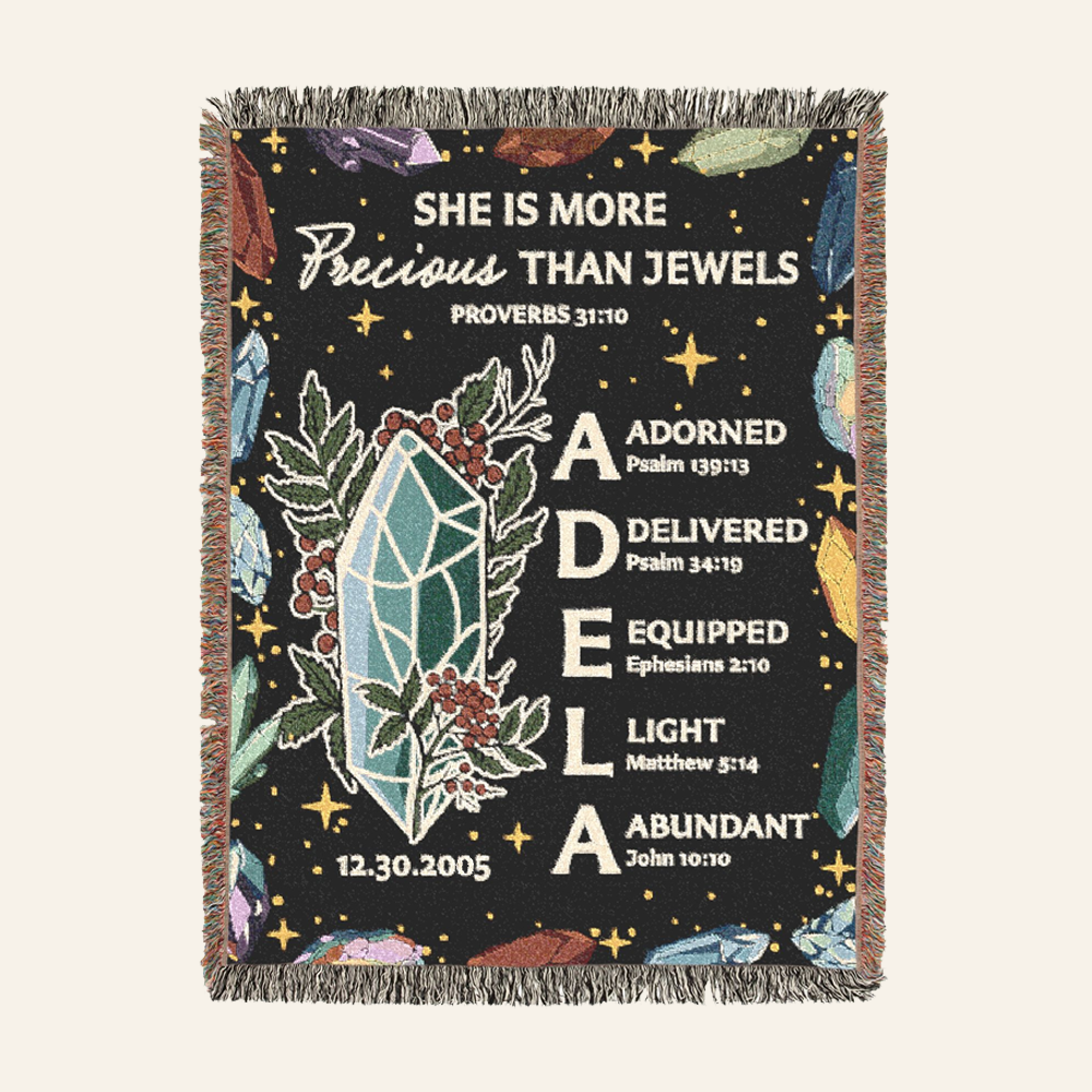 More Precious Than Jewels With Birthstone, Birth Flower & Scripture - Personalized Woven Blanket