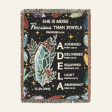 More Precious Than Jewels With Birthstone, Birth Flower & Scripture - Personalized Woven Blanket