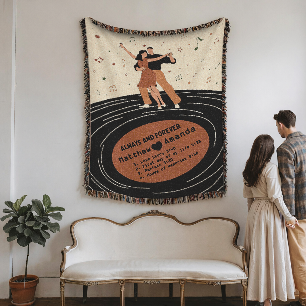 Personalized Vinyl Records Couple Woven Blanket