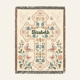 Personalized Floral Cross Woven Blanket Gift – Name & Date