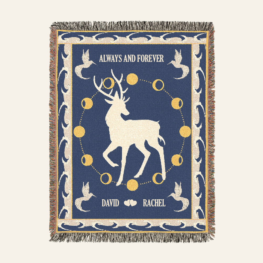 Personalized White Stag Guardian Spirit Couple Woven Blanket