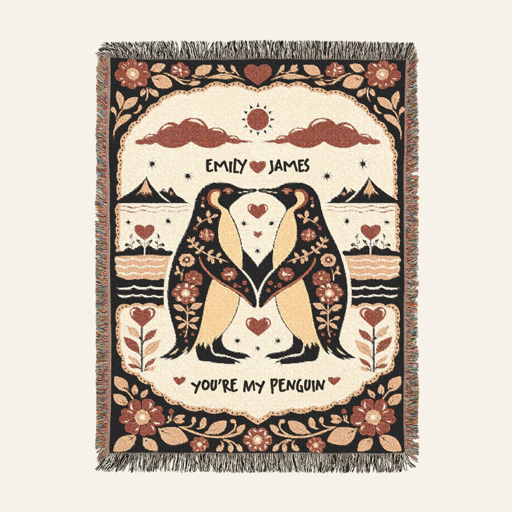 Personalized Couple Penguin Art Woven Blanket
