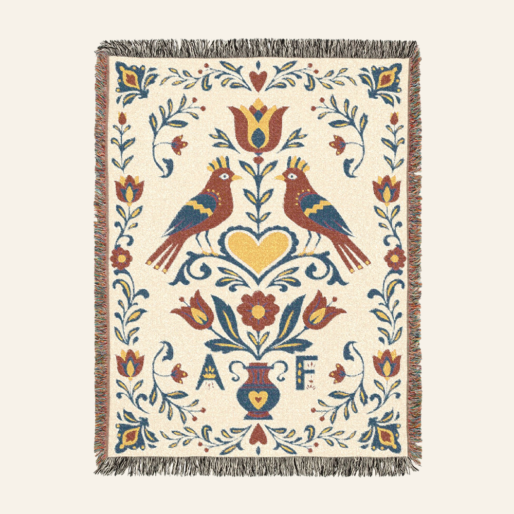 Personalized Folk Art Lovebirds White Woven Blanket