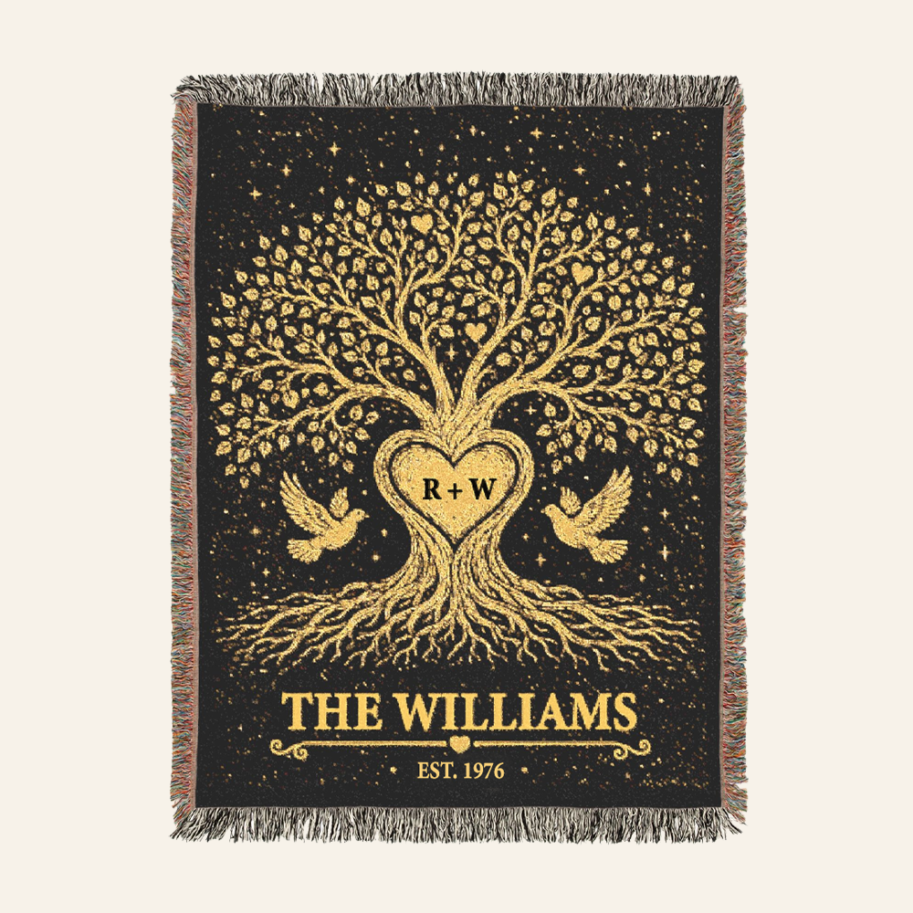Personalized Couple Tree of love Golden Woven Blanket