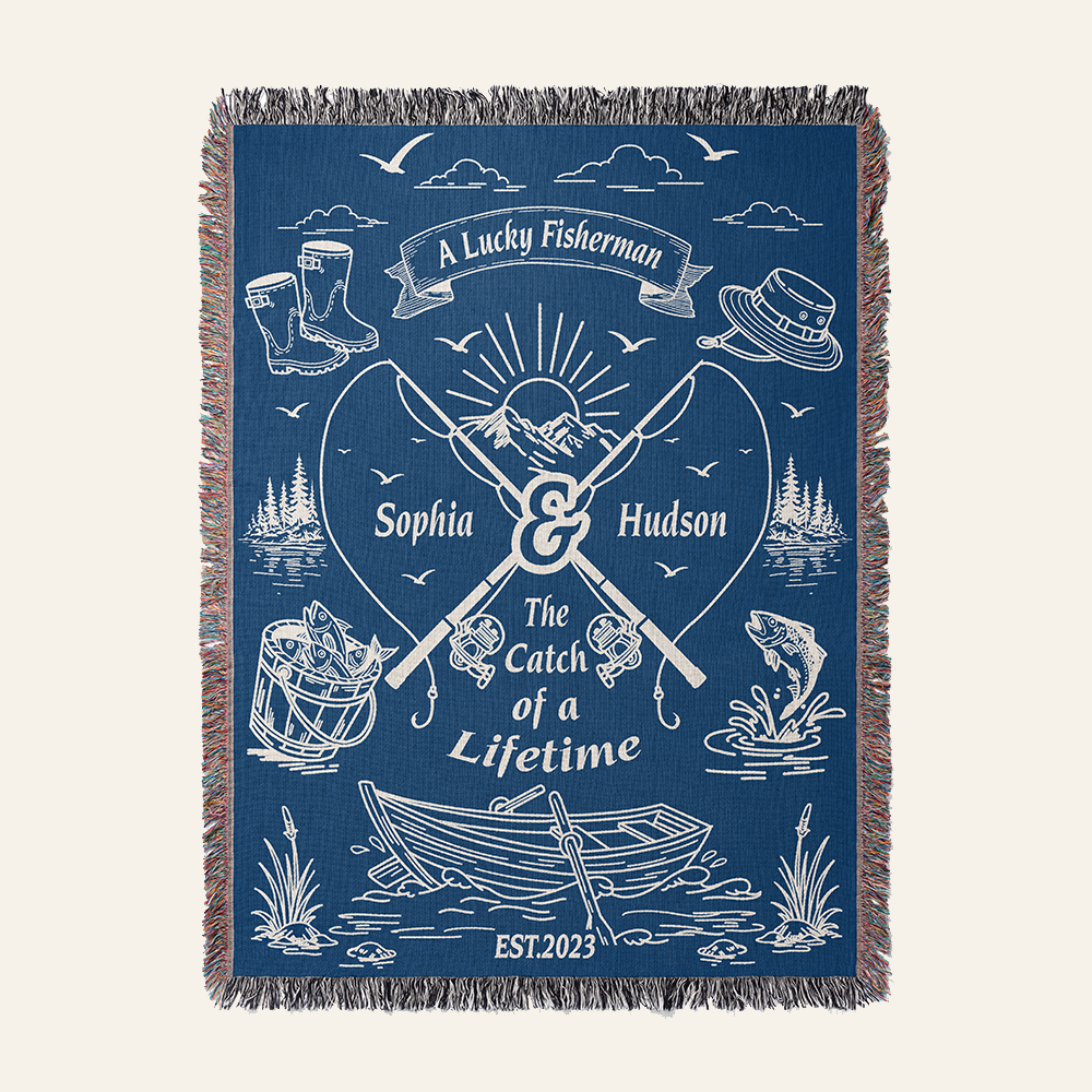 Personalized Couple Fisherman Blue Woven Blanket