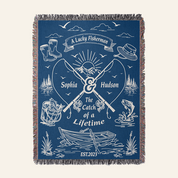 Personalized Couple Fisherman Blue Woven Blanket