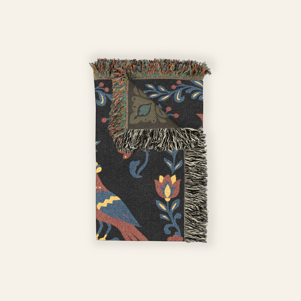 Personalized Folk Art Lovebirds Black Woven Blanket