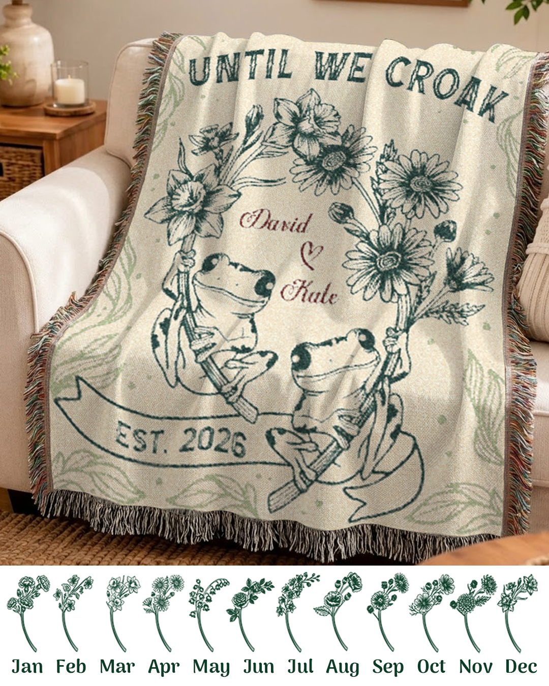 Personalized Birth Flower Frogs Couple Woven Blanket