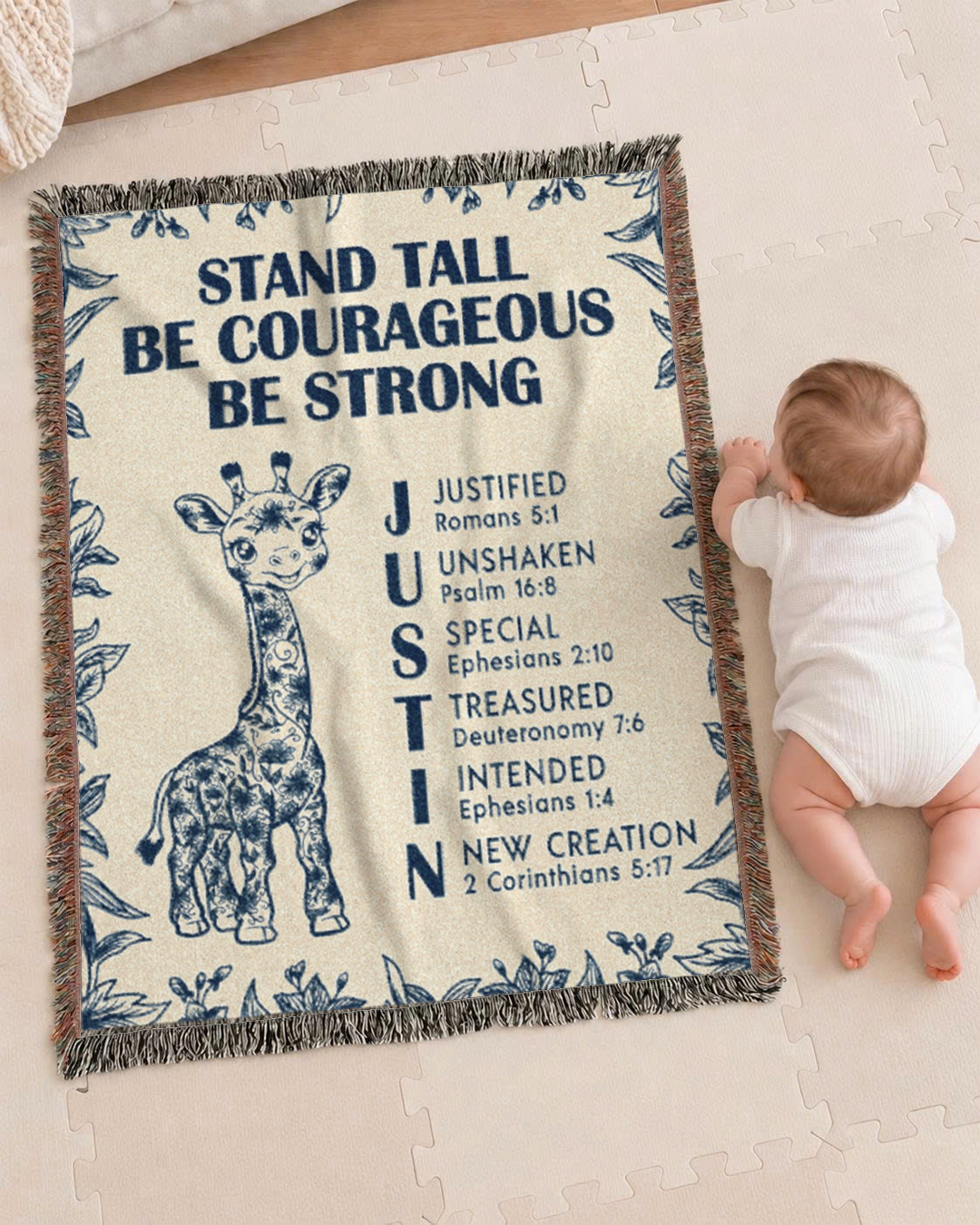 Personalized Stand Tall Be Courageous Giraffe Scripture Baby Woven Blanket