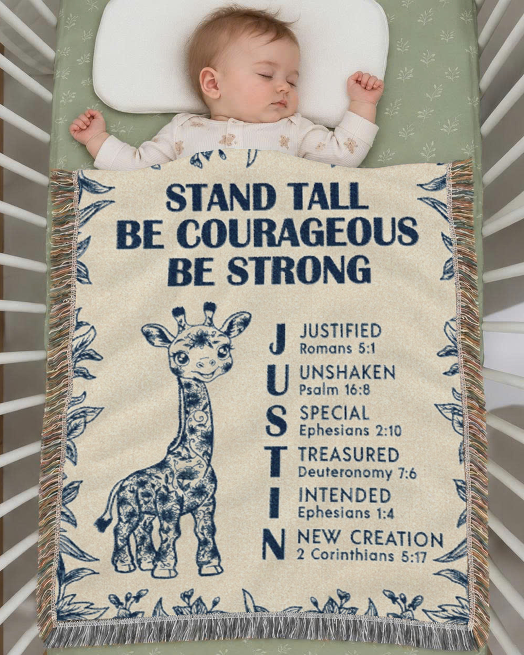 Personalized Stand Tall Be Courageous Giraffe Scripture Baby Woven Blanket