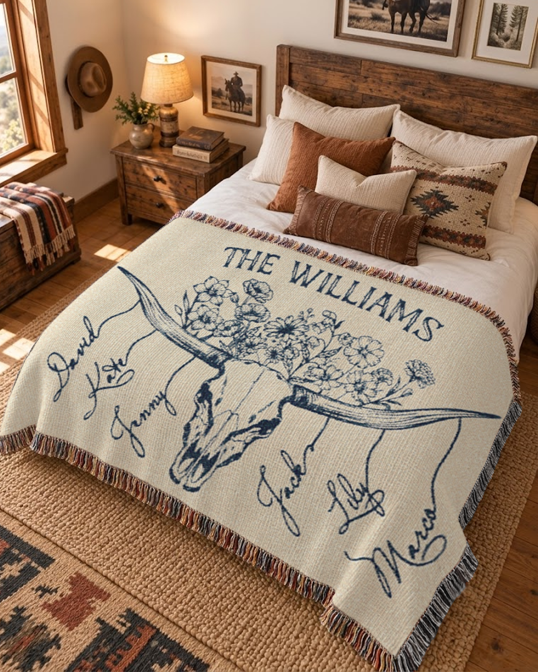 Personalized Longhorn Family Birth Flower Woven Blanket