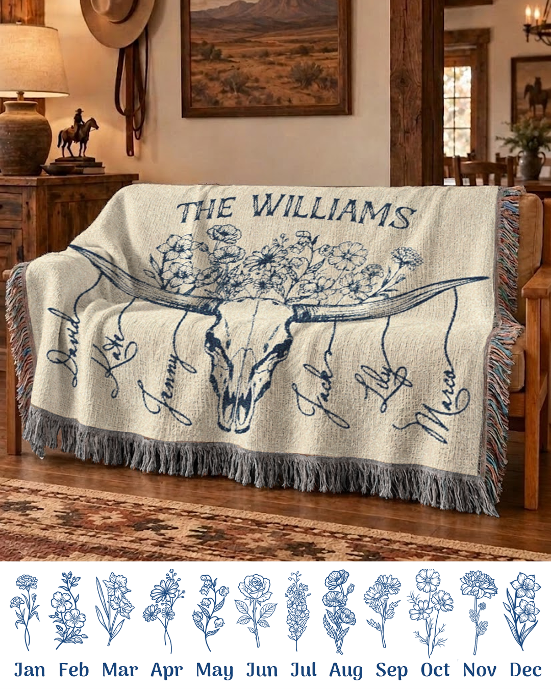 Personalized Longhorn Family Birth Flower Woven Blanket