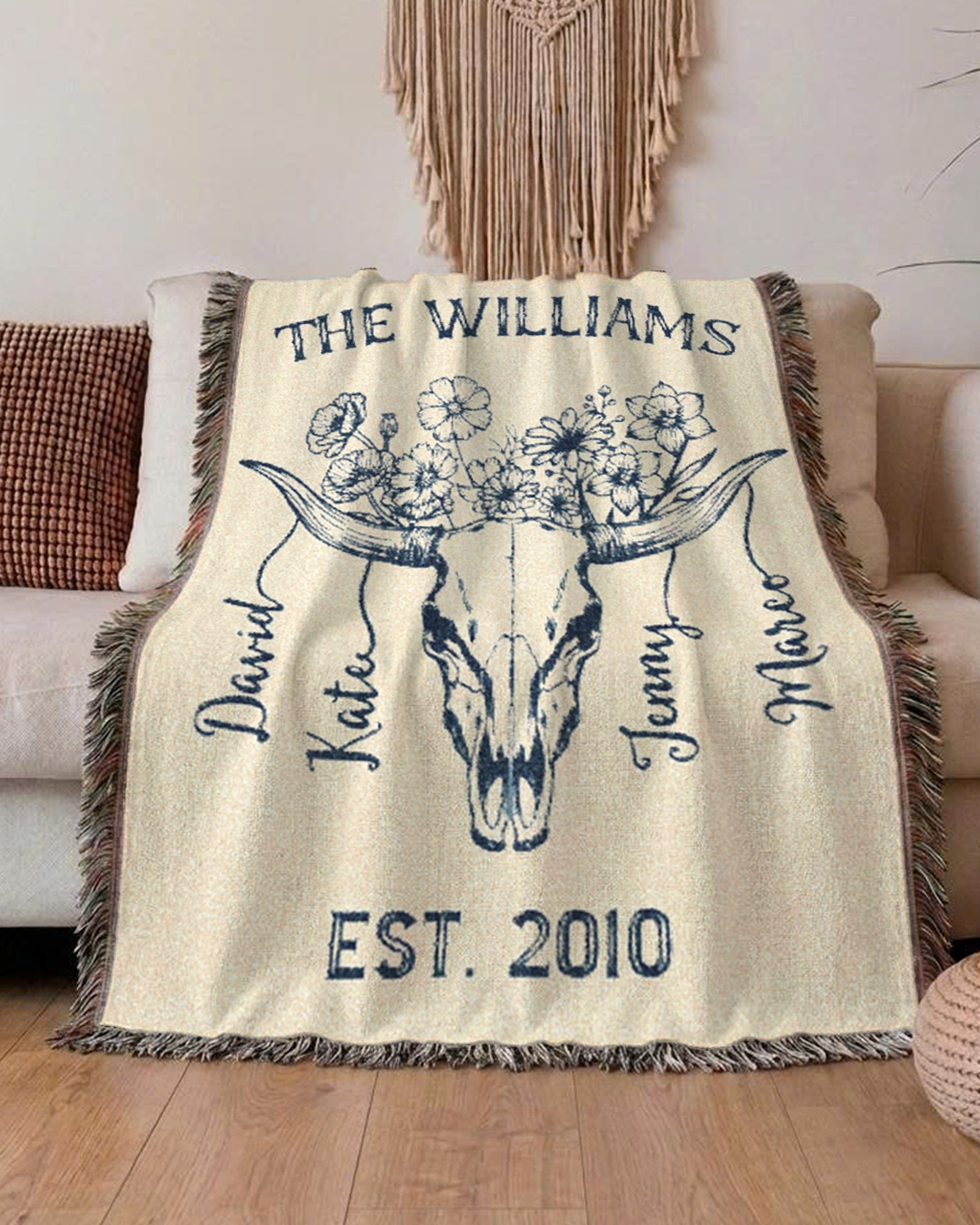 Personalized Longhorn Family Birth Flower Woven Blanket