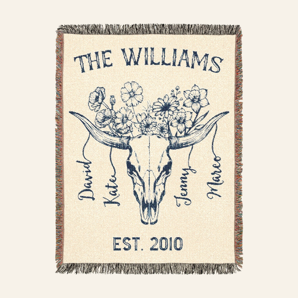 Personalized Longhorn Family Birth Flower Woven Blanket