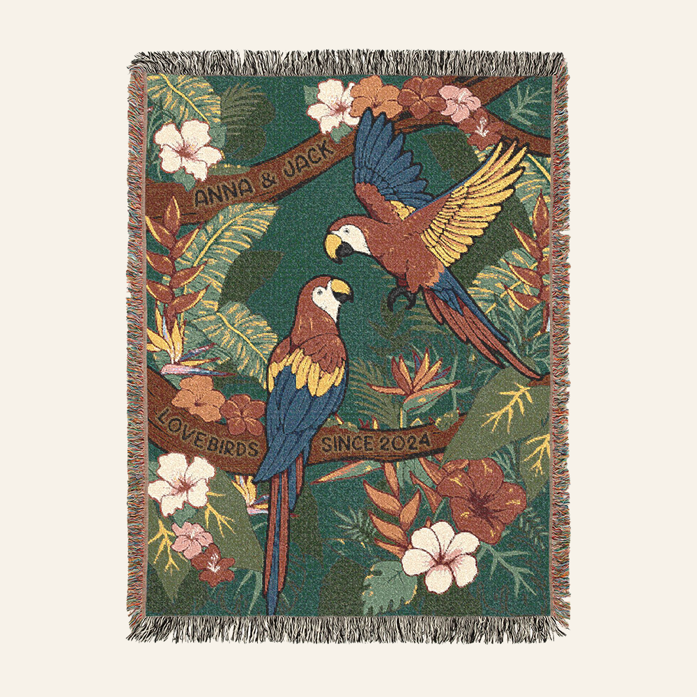 Personalized Love Birds Tropical Couple Woven Blanket