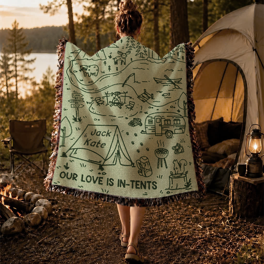 Personalized Camping Tents Green Couple Woven Blanket