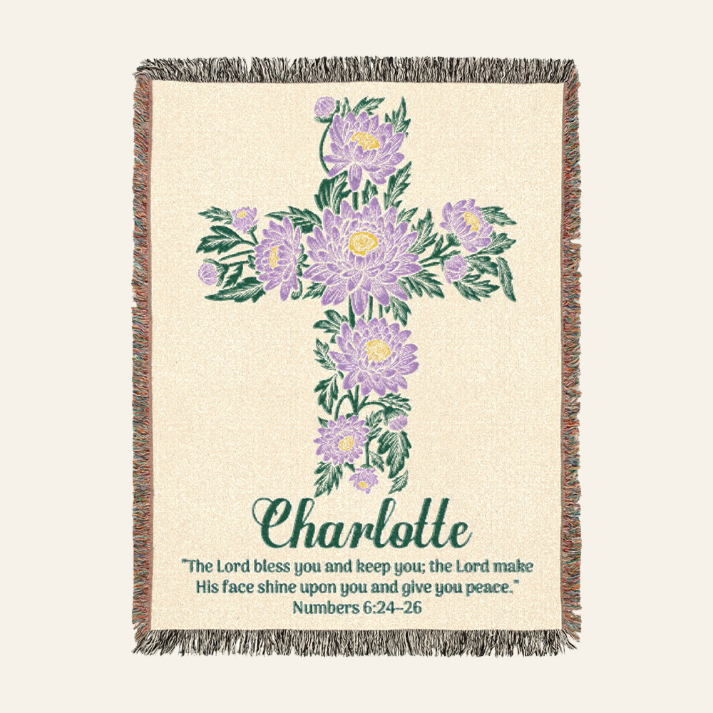 Personalized September Aster Cross Blessing Woven Blanket