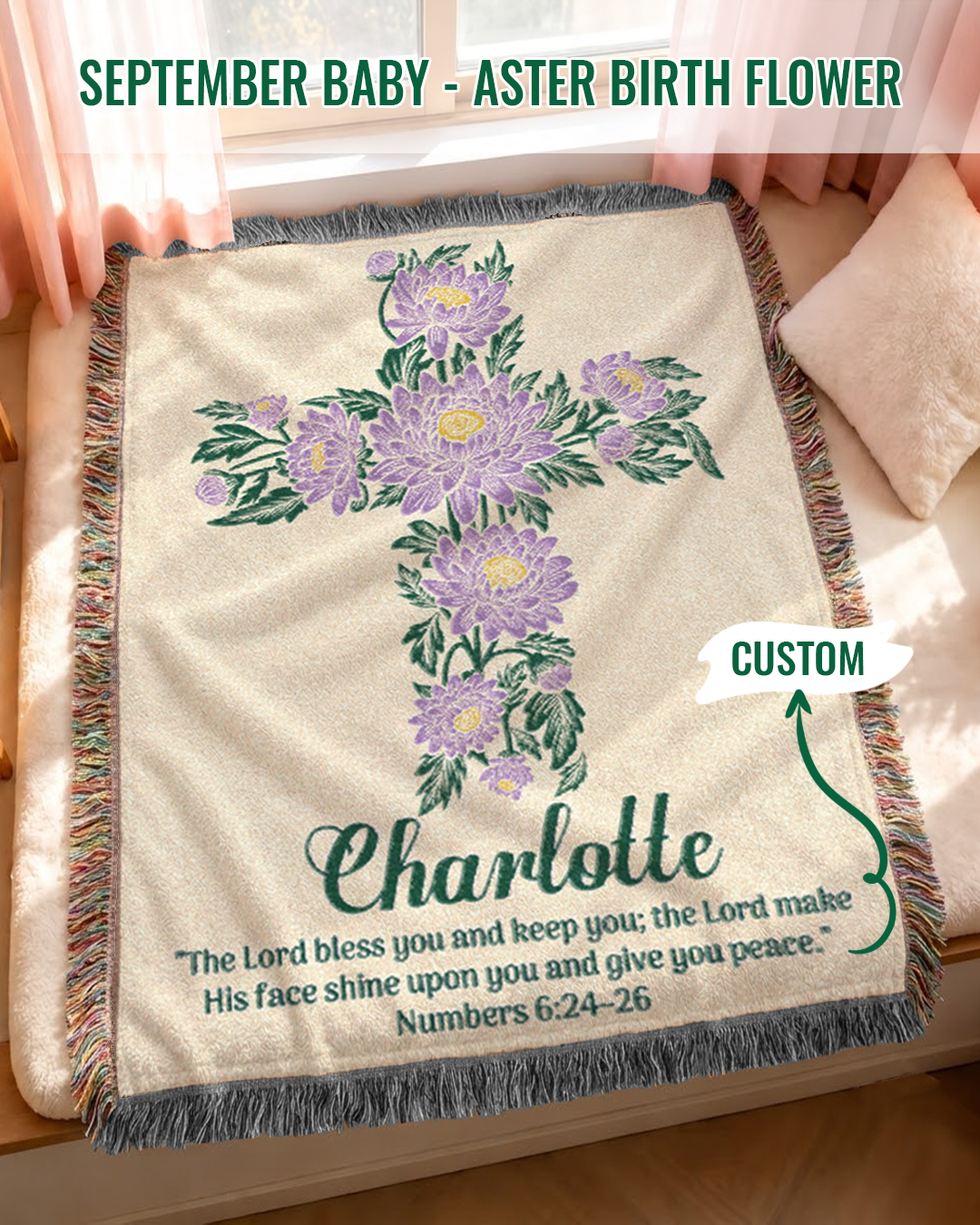 Personalized September Aster Cross Blessing Woven Blanket