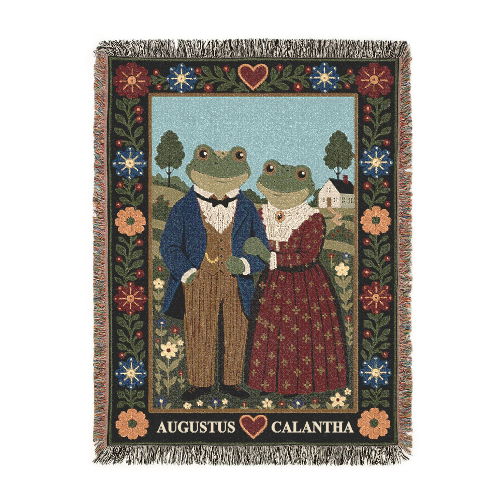 Customized Couple Folkart Frog Woven Blanket