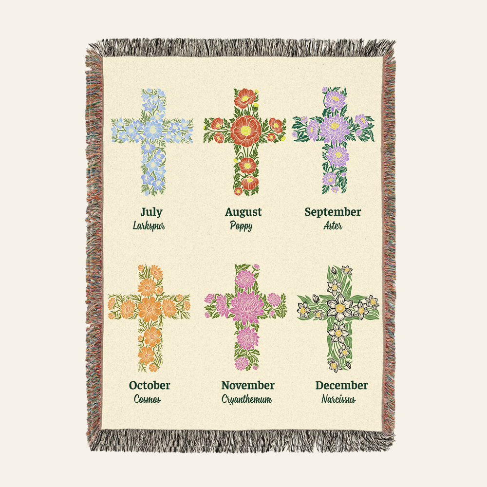 Personalized Birth Flower Cross Baby Woven Blanket