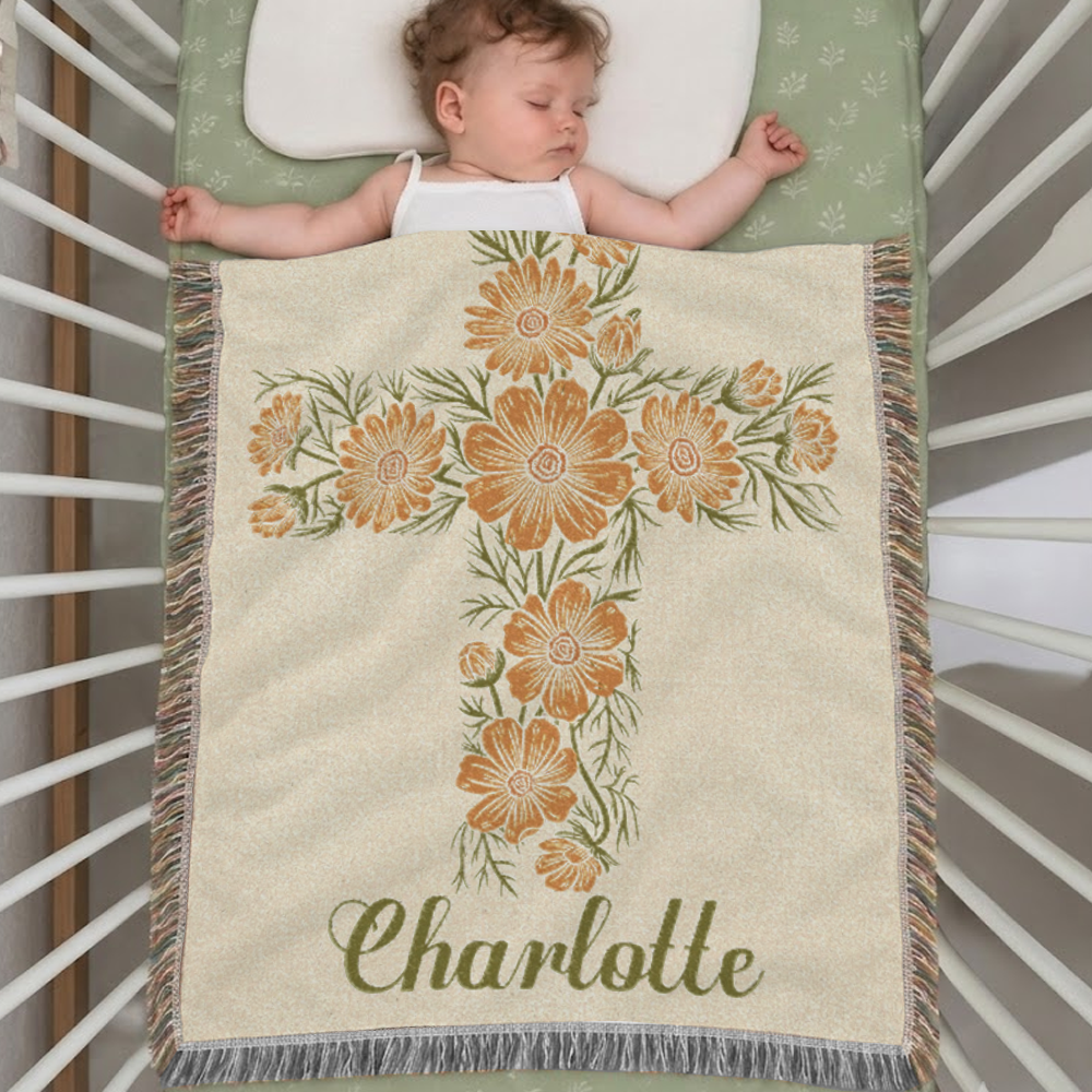 Personalized Birth Flower Cross Baby Woven Blanket