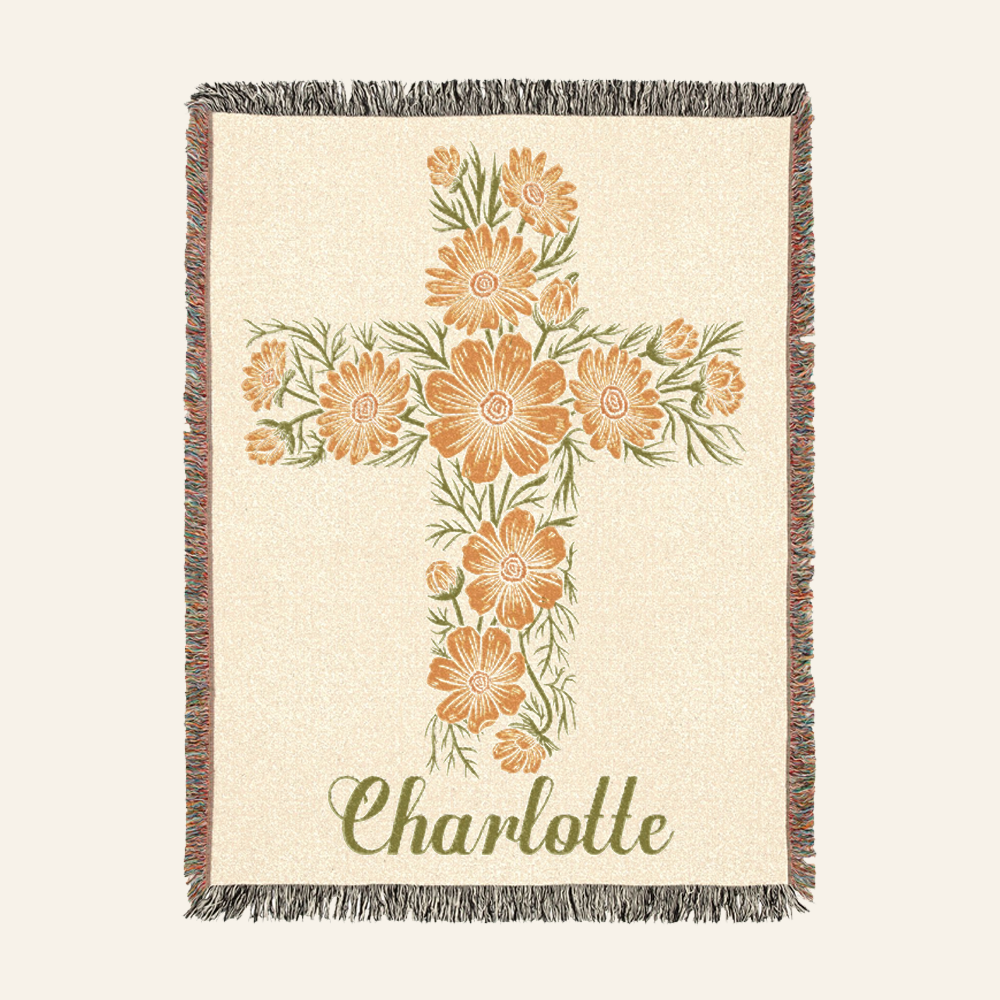 Personalized Birth Flower Cross Baby Woven Blanket