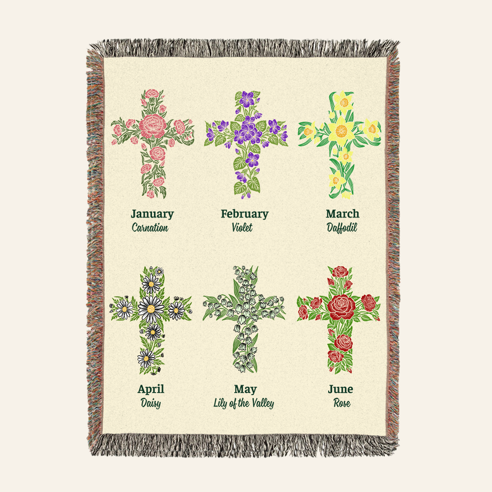 Personalized Birth Flower Cross Baby Woven Blanket