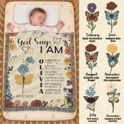 Personalized God Says I Am Birth Flower & Butterfly Baby Girl Woven Blanket