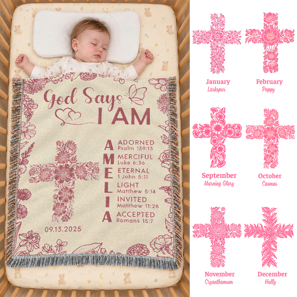 Personalized God Says I Am Cross Baby Girl Woven Blanket