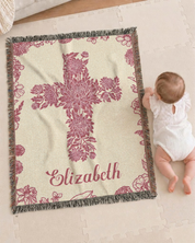 Personalized Birth Flower Cross Baby Girl Woven Blanket