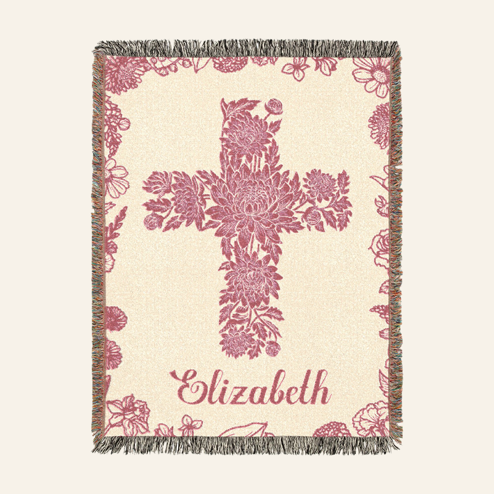 Personalized Birth Flower Cross Baby Girl Woven Blanket
