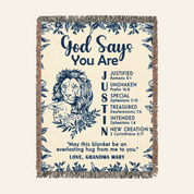 God Says You Are: Lion & Lamb Scripture Affirmations & Heartfelt Message - Personalized Woven Blanket