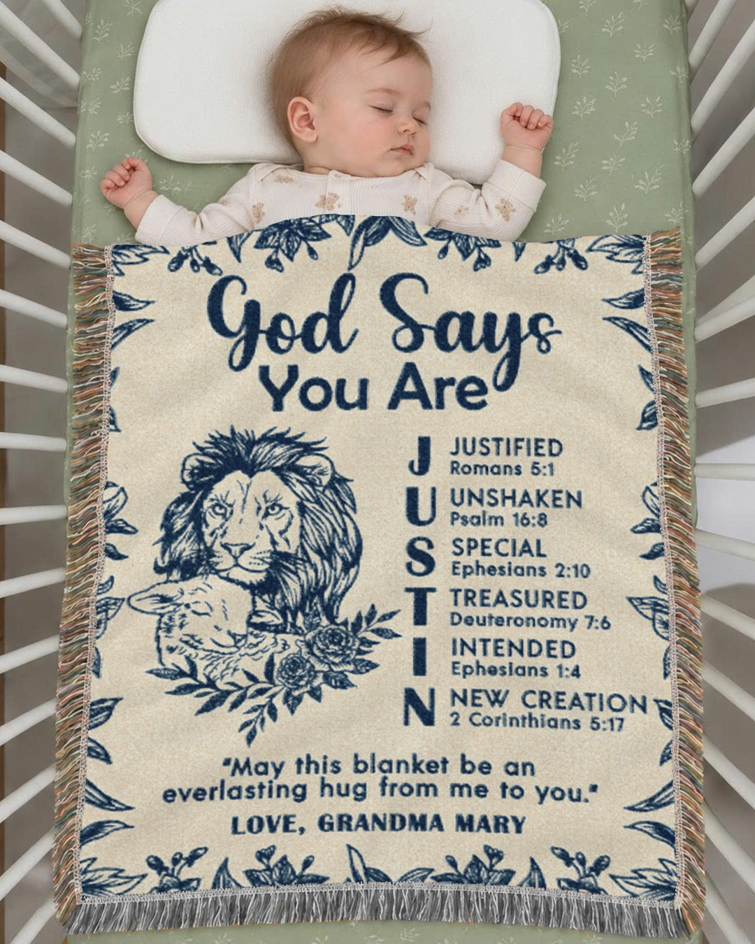 God Says You Are: Lion & Lamb Scripture Affirmations & Heartfelt Message - Personalized Woven Blanket