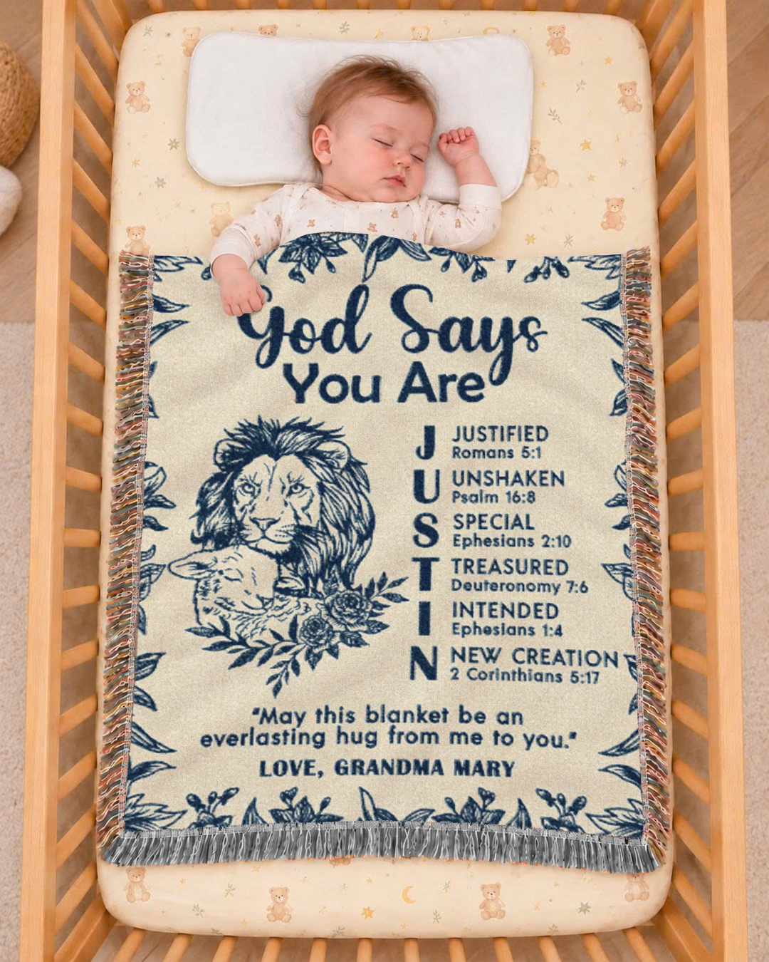 God Says You Are: Lion & Lamb Scripture Affirmations & Heartfelt Message - Personalized Woven Blanket