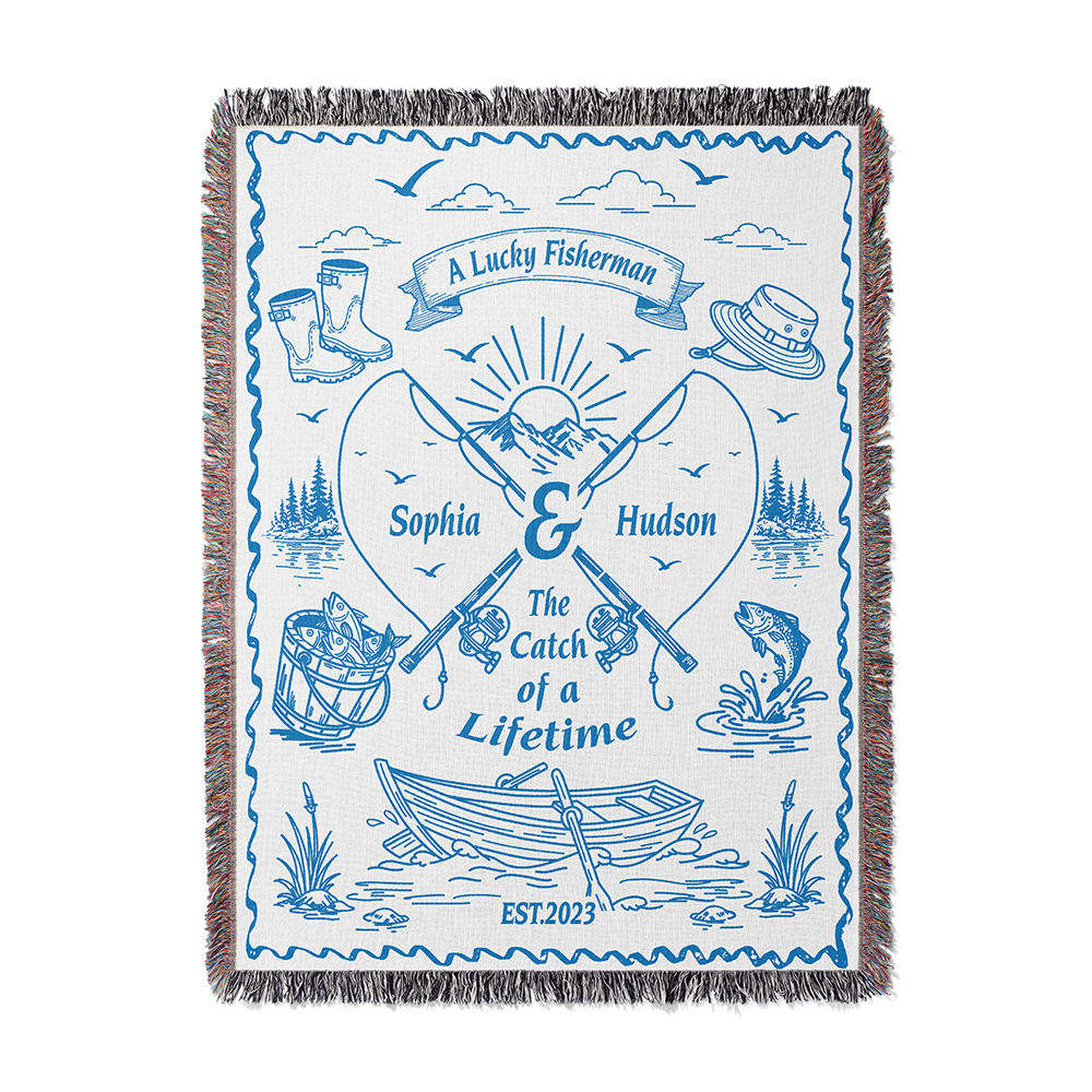 Personalized Couple Fisherman White Woven Blanket