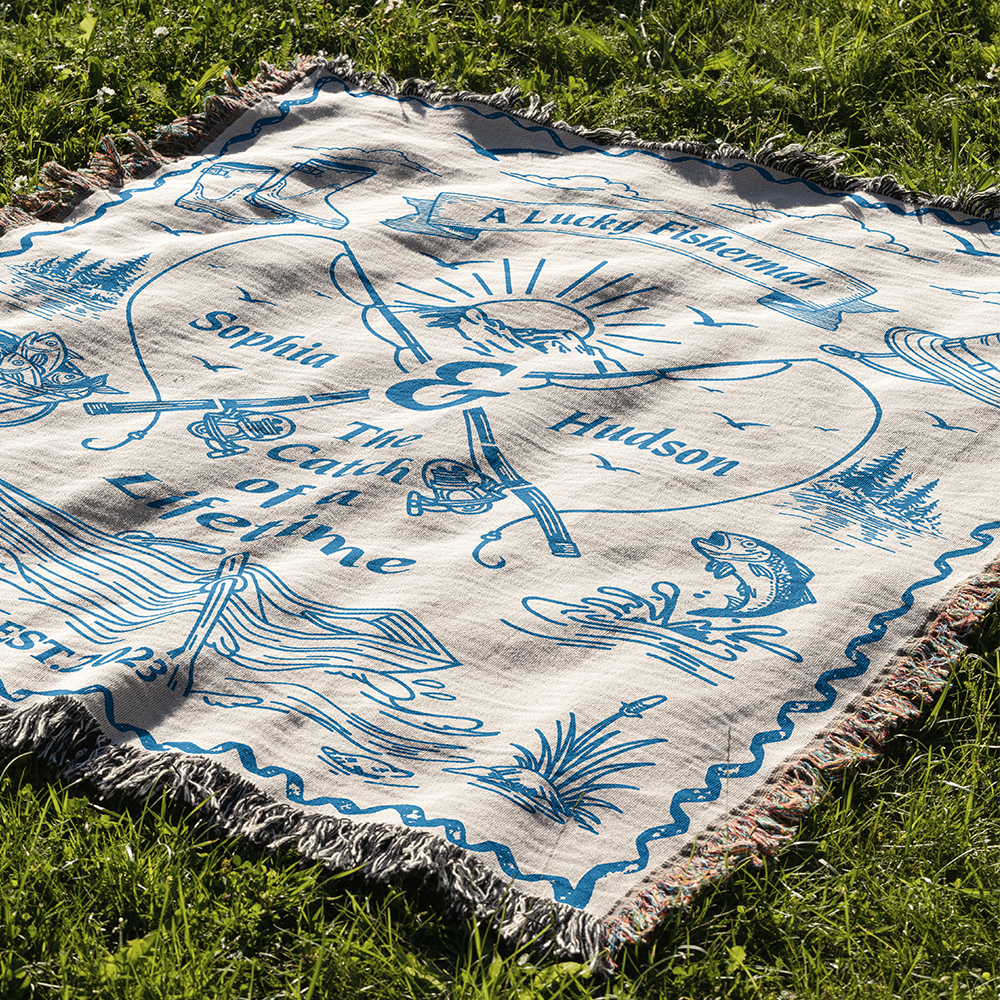 Personalized Couple Fisherman White Woven Blanket