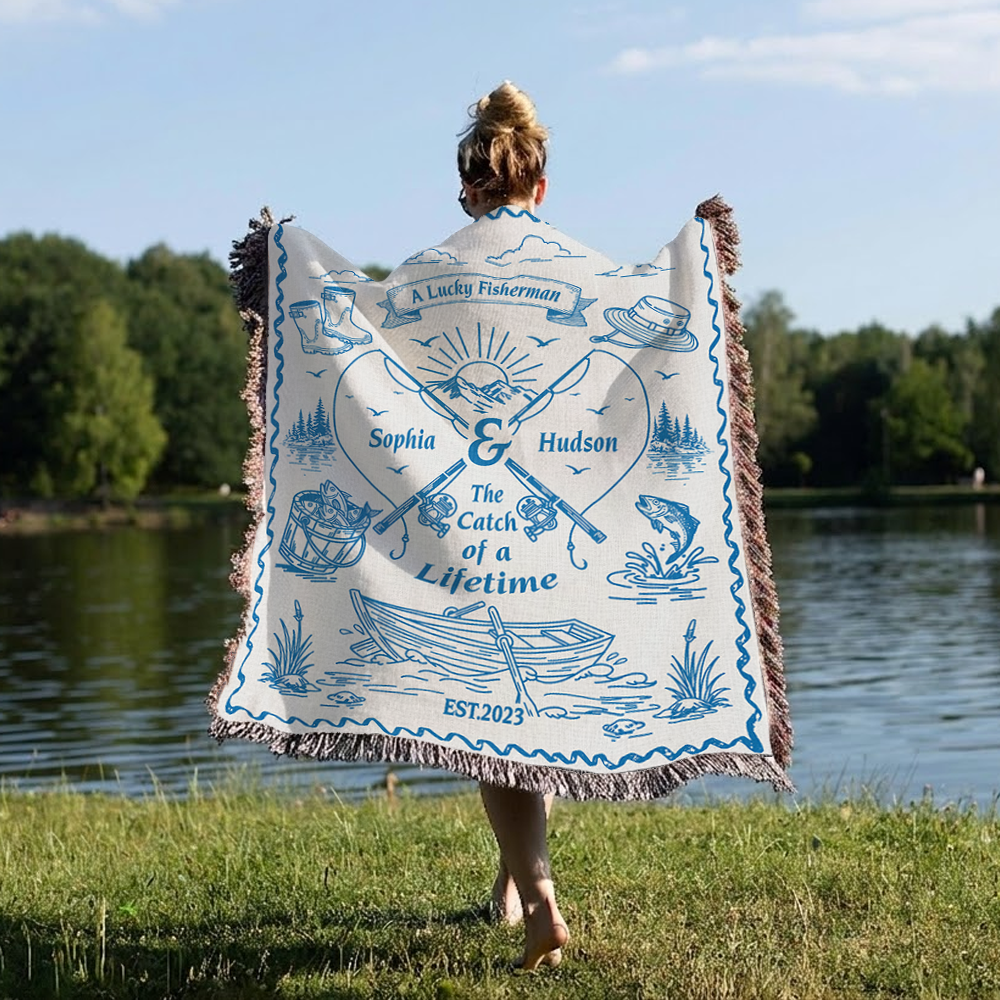 Personalized Couple Fisherman White Woven Blanket
