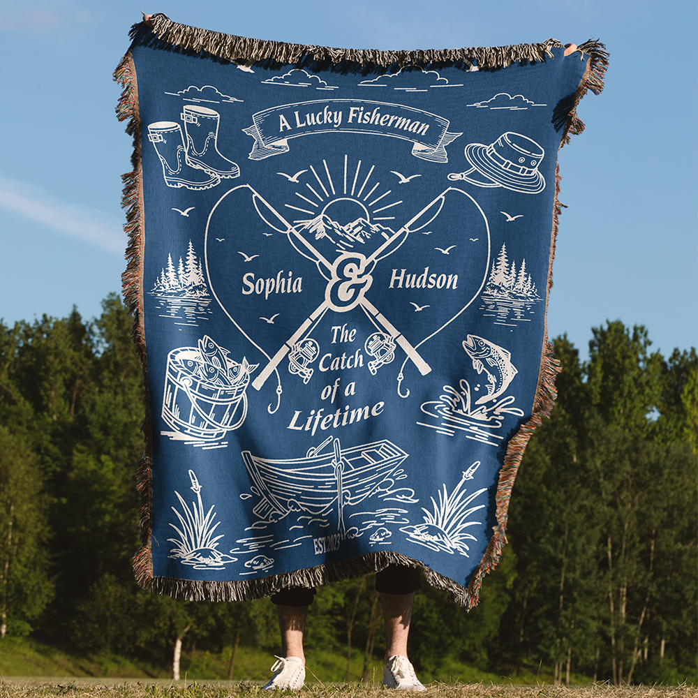 Personalized Couple Fisherman Blue Woven Blanket
