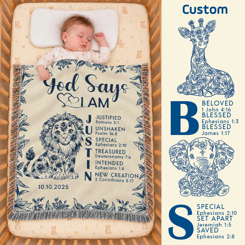 Personalized God Says I Am Scripture Baby Boy Woven Blanket