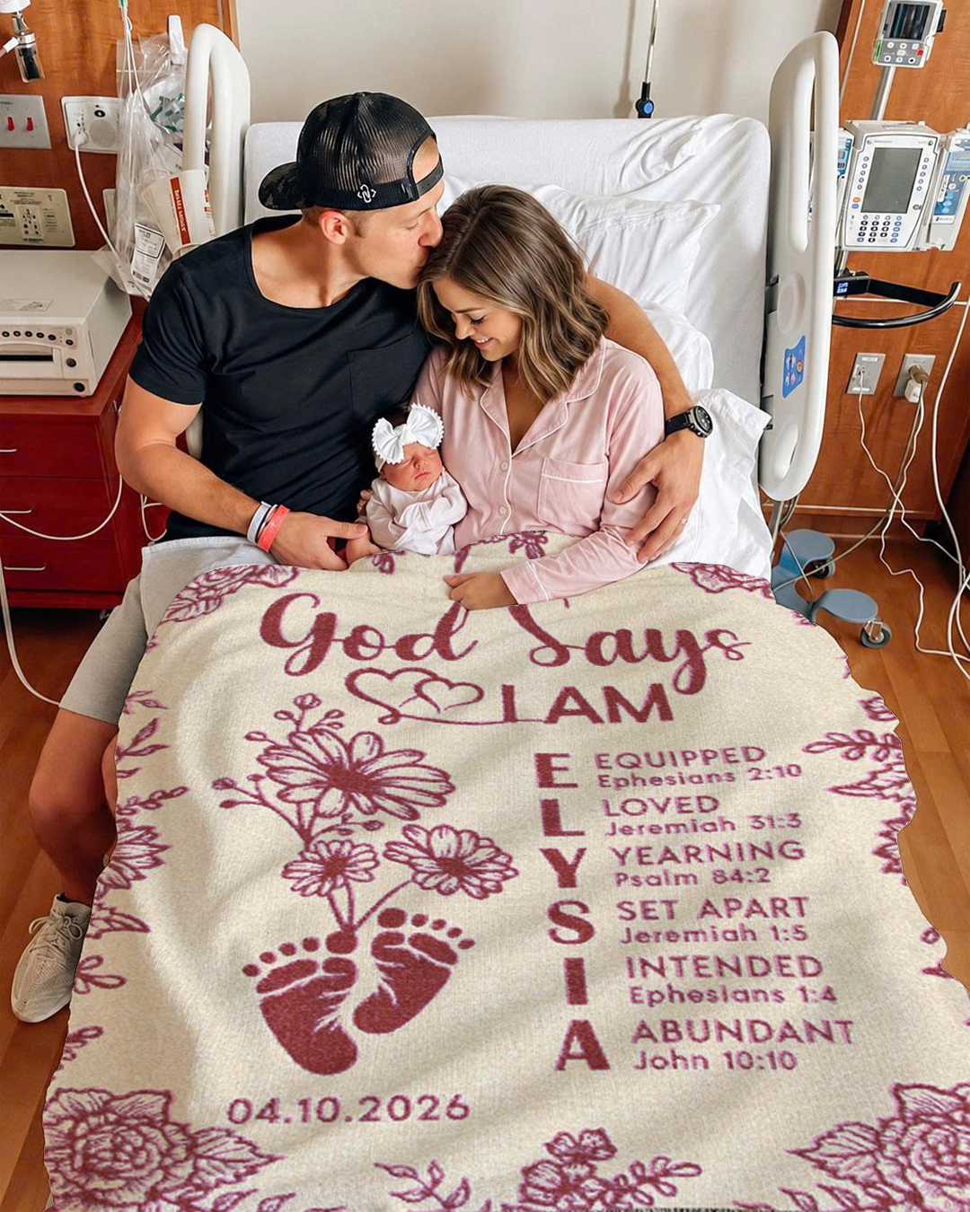 God Says I Am: Baby Footprints, Birth Flower & Scripture Affirmations - Personalized Woven Blanket