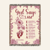 God Says I Am: Baby Footprints, Birth Flower & Scripture Affirmations - Personalized Woven Blanket